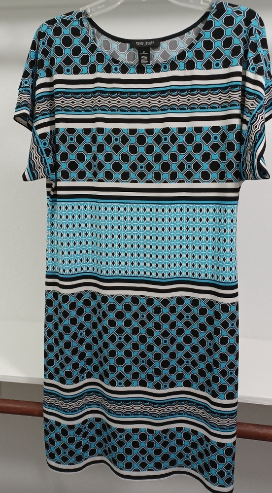 White House Black Market Blue and Black Patterned Midi Dress